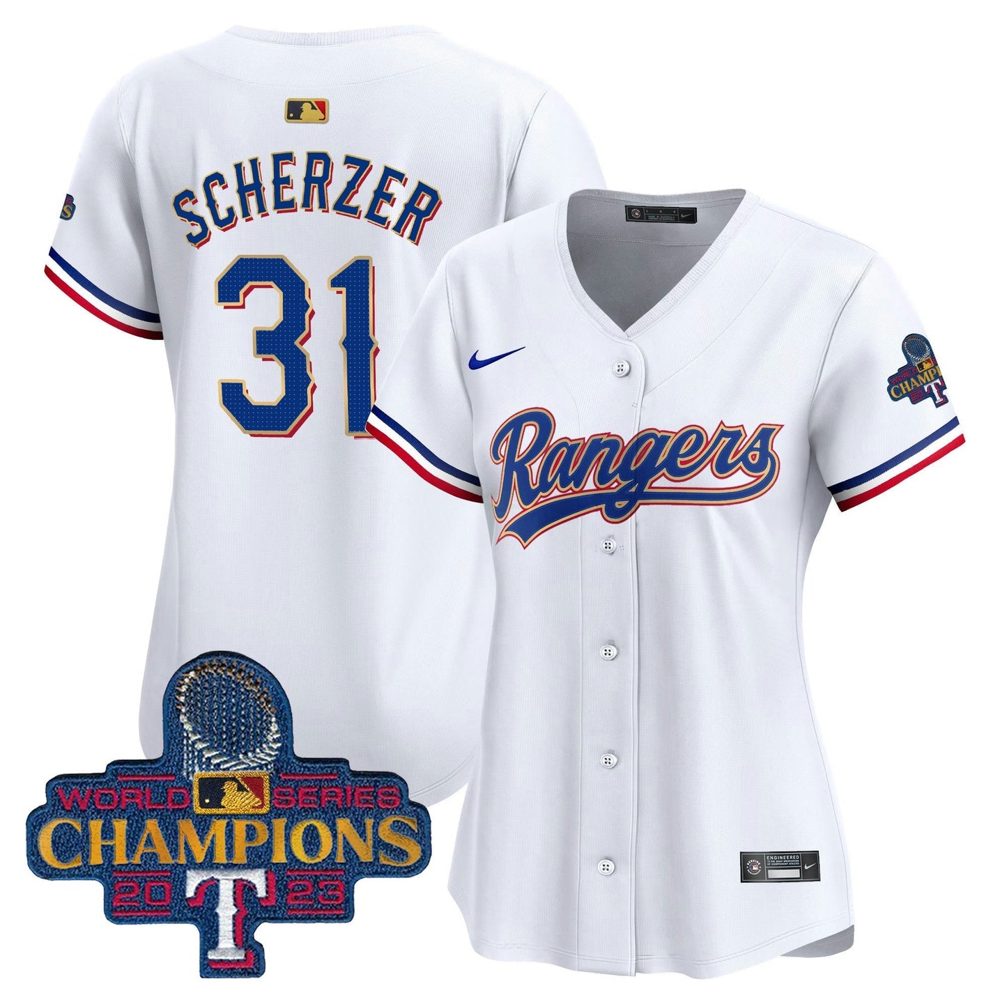 Camisa MLB Women’s Texas 2023 World Series Champions Dourada Trim Vapor Premier Limited Jersey