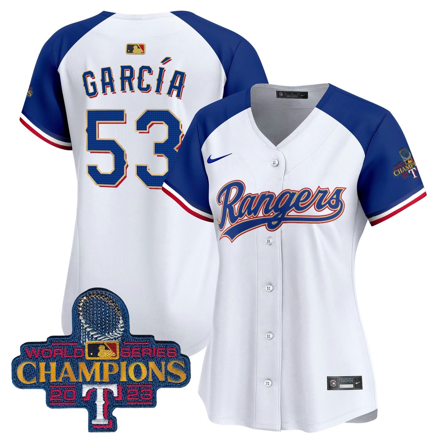 Camisa MLB Women’s Texas 2023 World Series Champions Dourada Trim Vapor Premier Limited Jersey