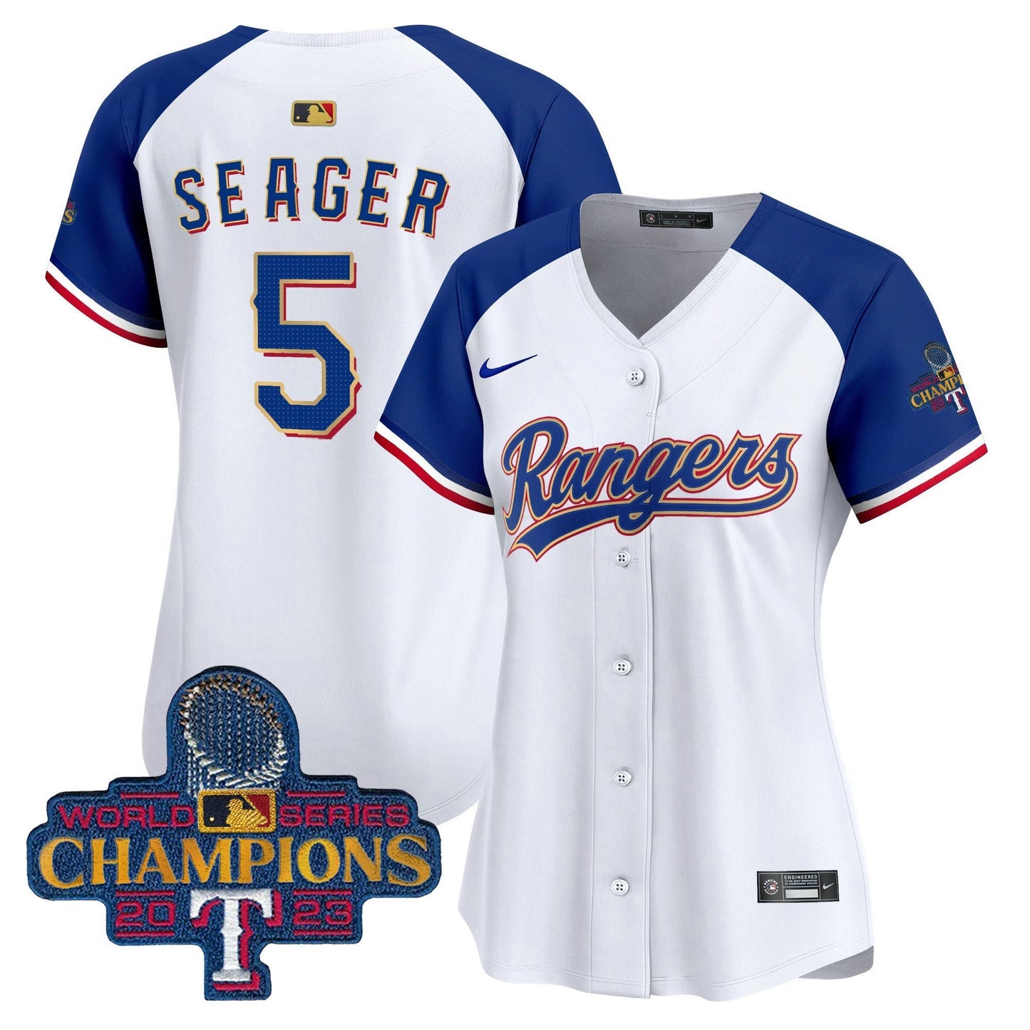 Camisa MLB Women’s Texas 2023 World Series Champions Dourada Trim Vapor Premier Limited Jersey