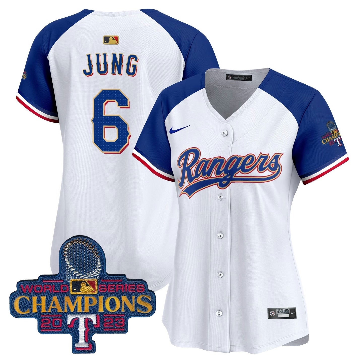 Camisa MLB Women’s Texas 2023 World Series Champions Dourada Trim Vapor Premier Limited Jersey
