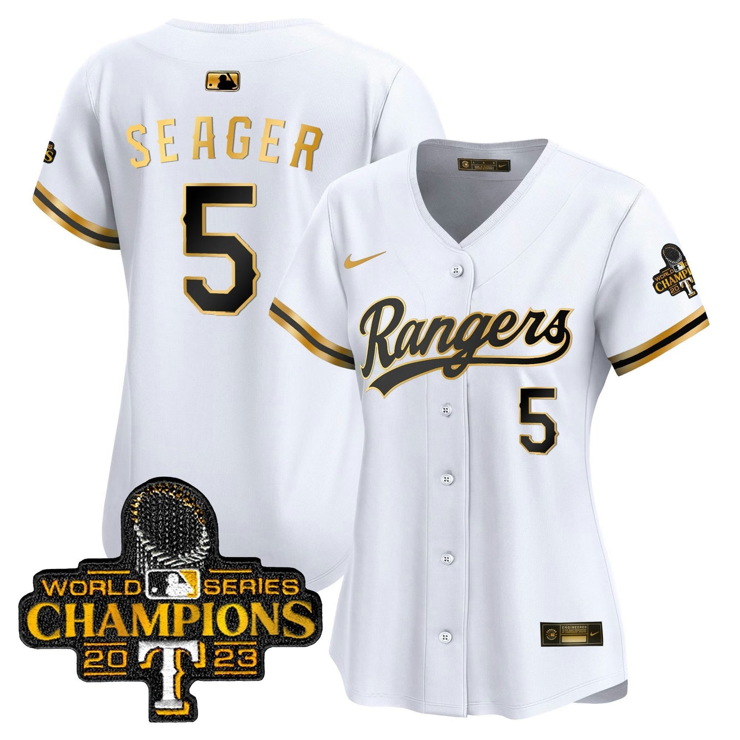 Camisa MLB Women’s Texas 2023 World Series Champions Dourada Trim Vapor Premier Limited Jersey