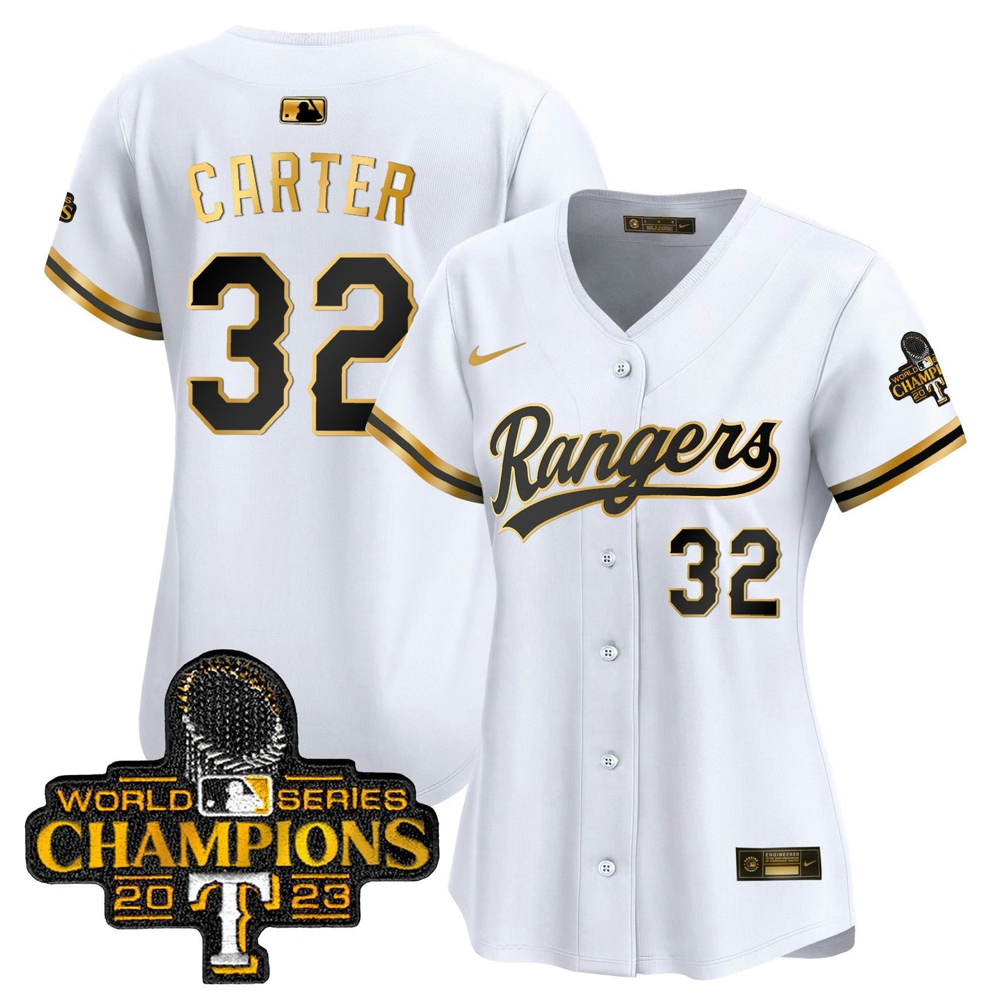 Camisa MLB Women’s Texas 2023 World Series Champions Dourada Trim Vapor Premier Limited Jersey