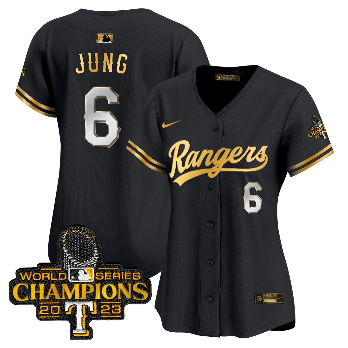 Camisa MLB Women’s Texas 2023 World Series Champions Dourada Trim Vapor Premier Limited Jersey