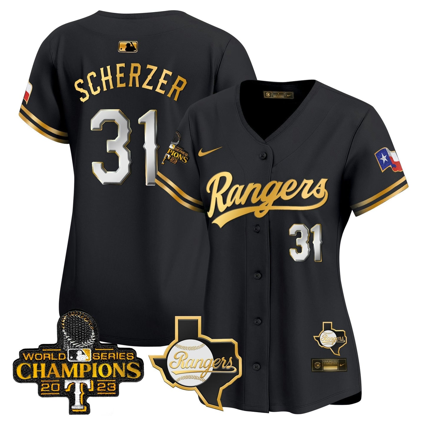 Camisa MLB Women’s Texas 2023 World Series Champions Dourada Trim Vapor Premier Limited Jersey V2