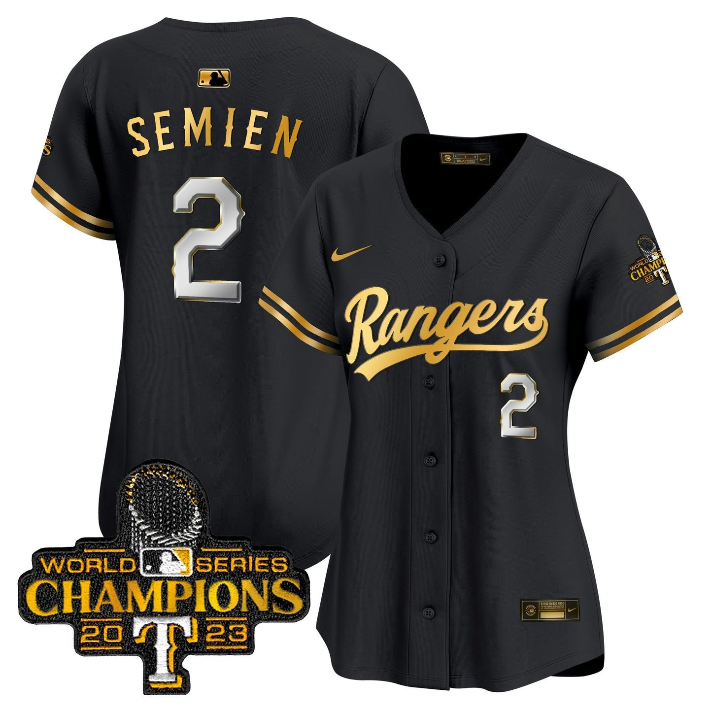 Camisa MLB Women’s Texas 2023 World Series Champions Dourada Trim Vapor Premier Limited Jersey