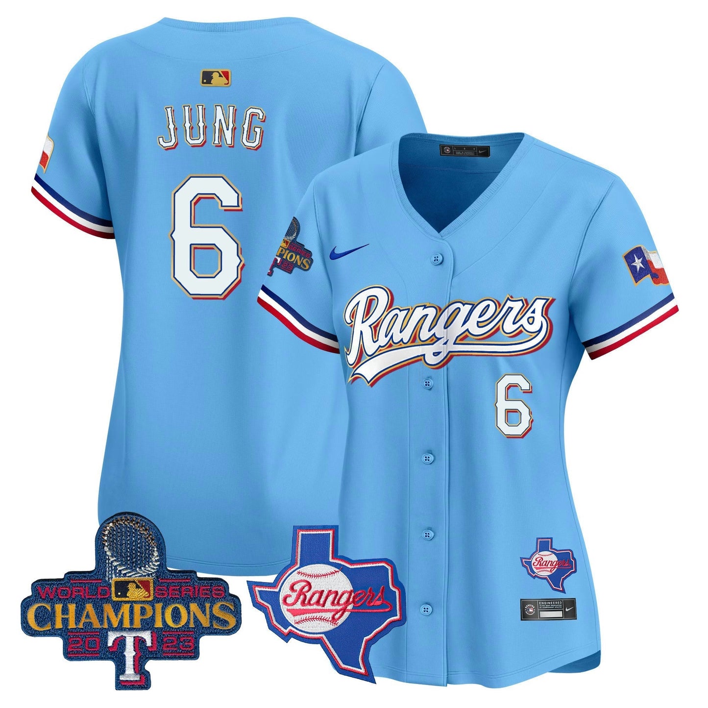 Camisa MLB Women’s Texas 2023 World Series Champions Dourada Trim Vapor Premier Limited Jersey V2