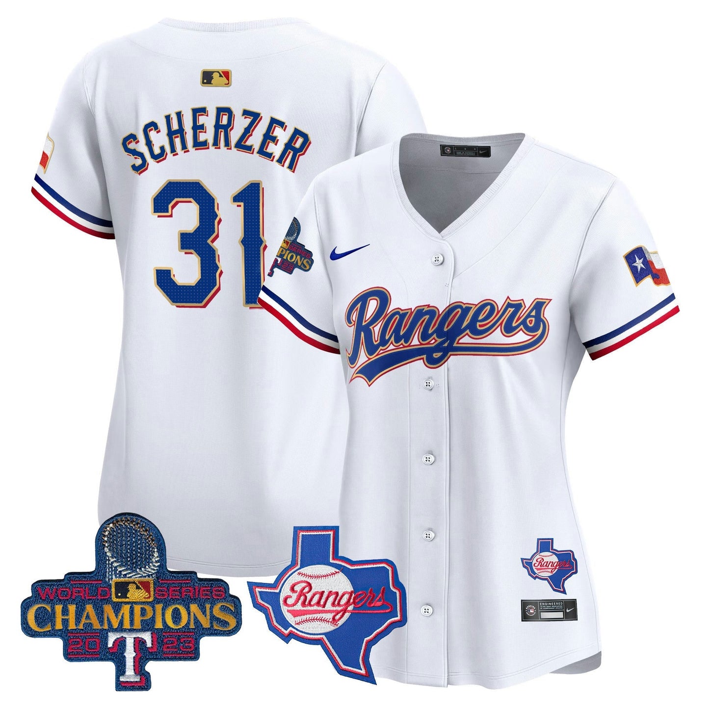 Camisa MLB Women’s Texas 2023 World Series Champions Dourada Trim Vapor Premier Limited Jersey V2