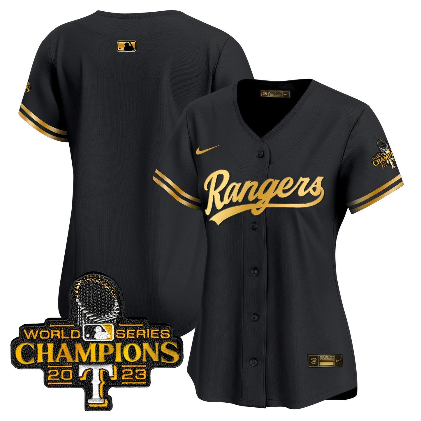 Camisa MLB Women’s Texas 2023 World Series Champions Dourada Trim Vapor Premier Limited Jersey