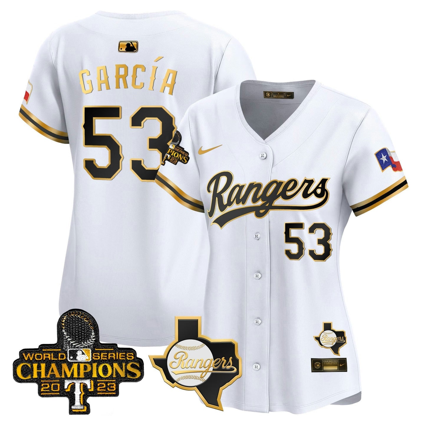 Camisa MLB Women’s Texas 2023 World Series Champions Dourada Trim Vapor Premier Limited Jersey V2