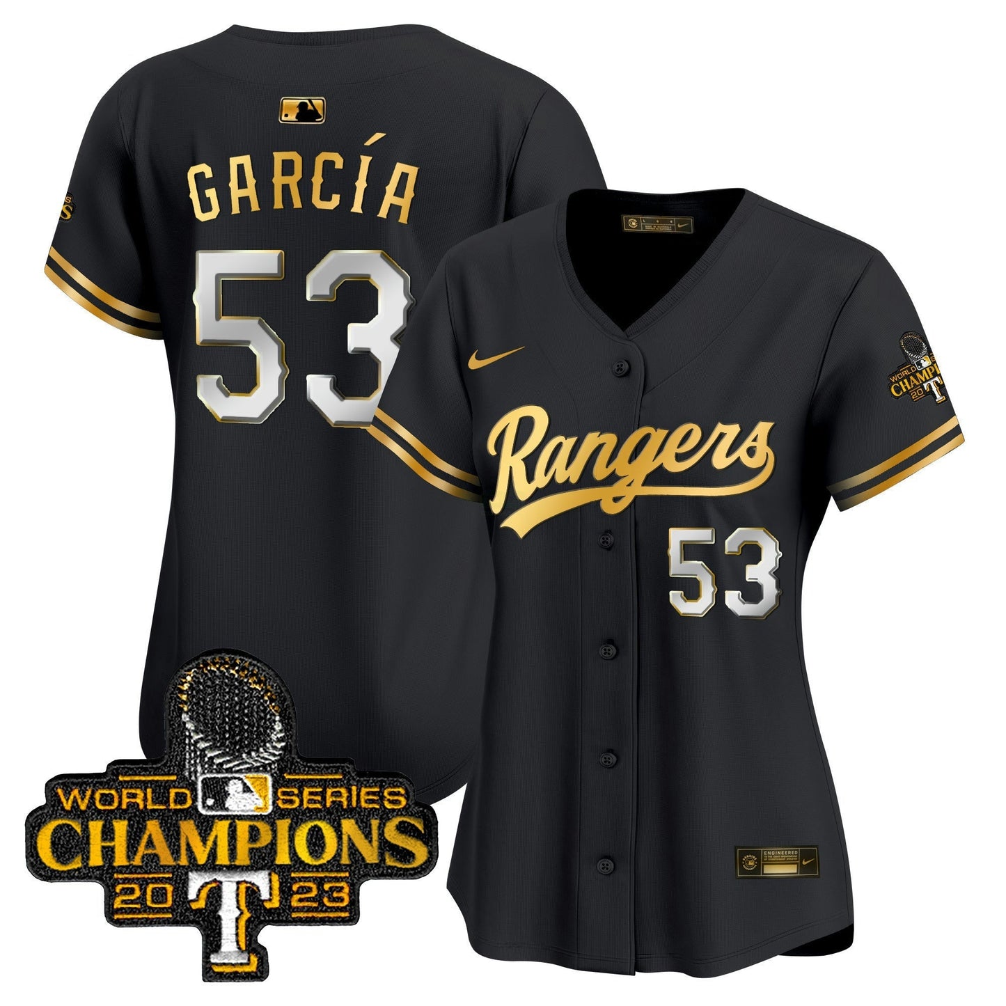 Camisa MLB Women’s Texas 2023 World Series Champions Dourada Trim Vapor Premier Limited Jersey