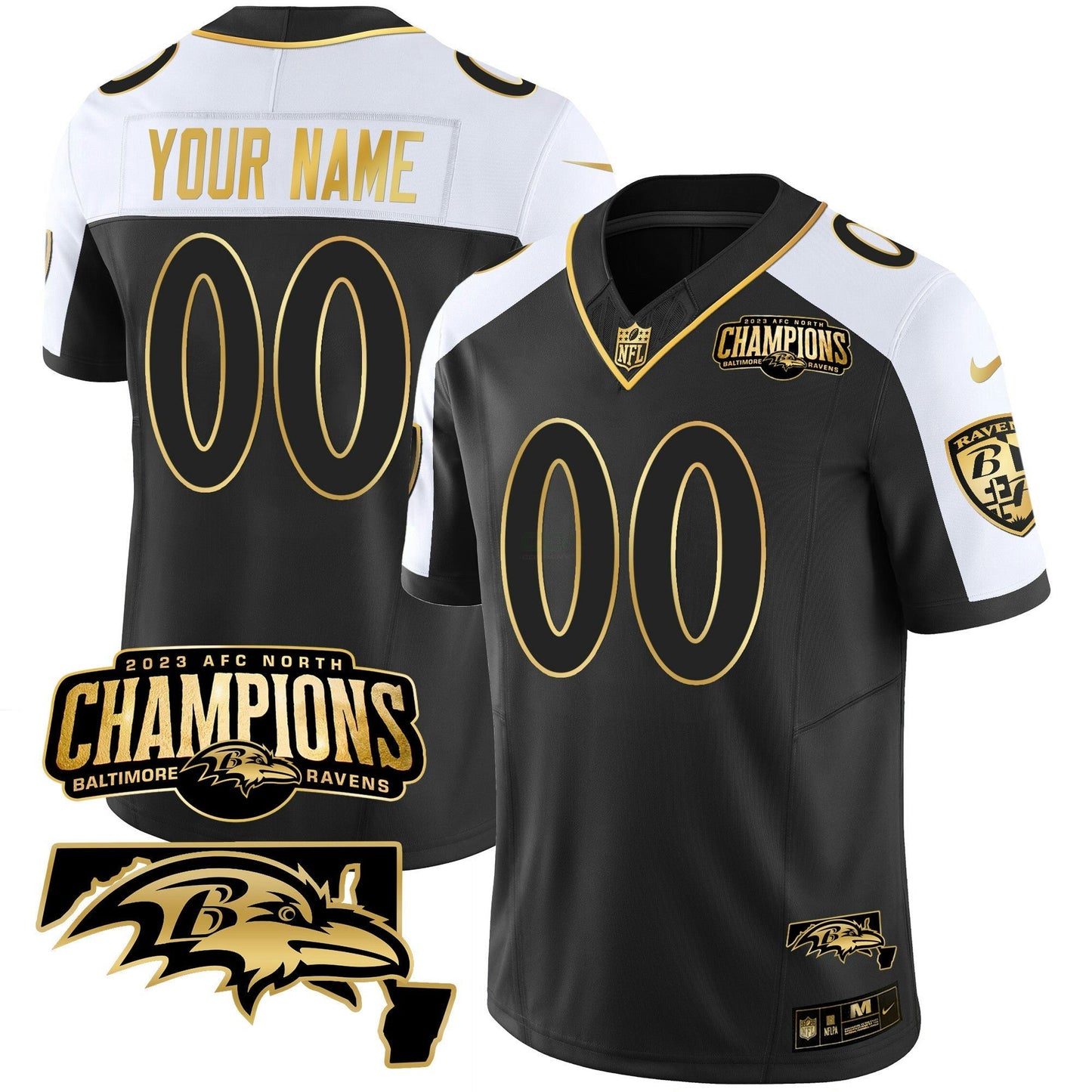 Camisa NFL 2023 AFC North Champions & Maryland Patch Dourada Vapor Jersey