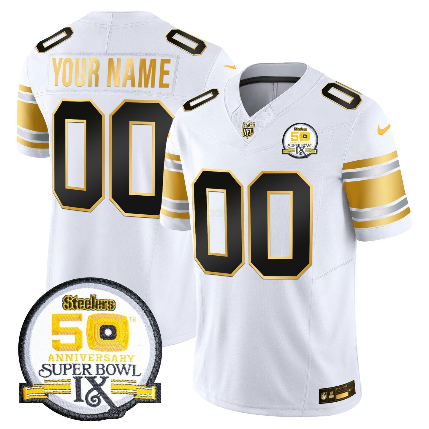 Camisa NFL 50th Anniversary of Super Bowl IX Patch Dourada Vapor Limited Jersey