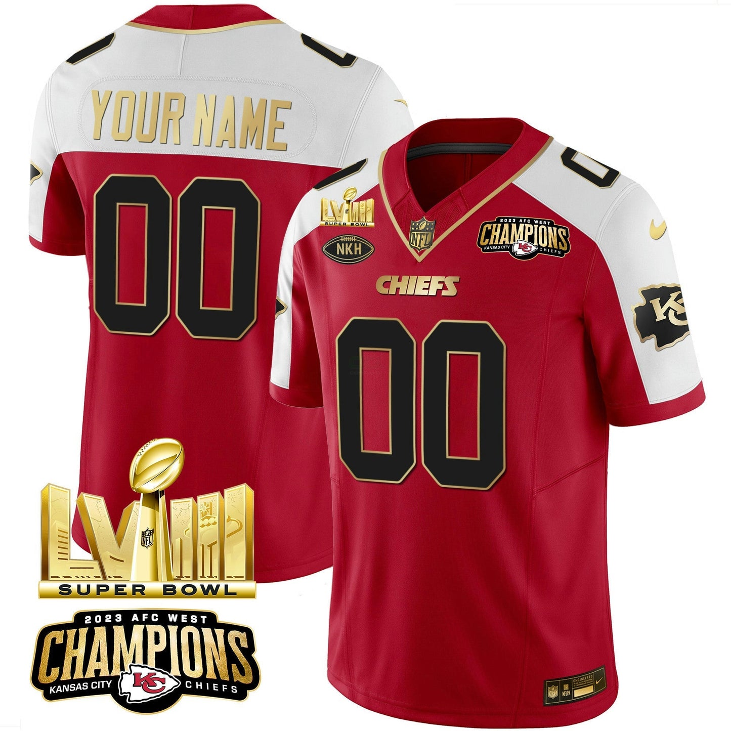 Camisa NFL AFC West Champions & Super Bowl LVIII Dourada Patch Vapor Jersey