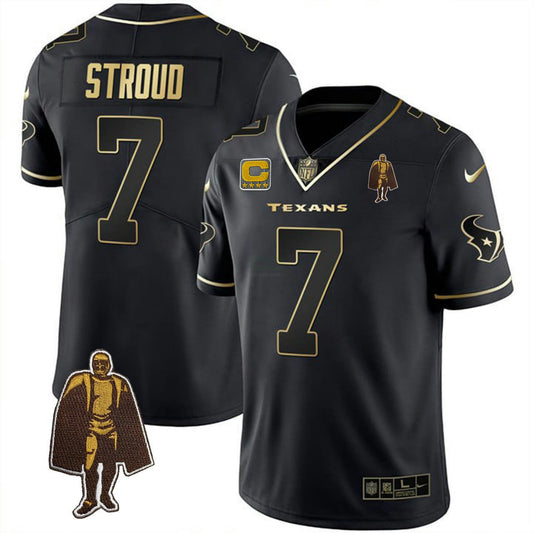 Camisa NFL C.J. Stroud Houston Preta Dourada Walter Payton Patch Jersey