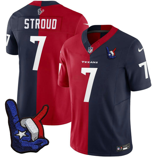 Camisa NFL C.J. Stroud Houston Split Vermelha Azul Marinho Hand Sign Patch Jersey