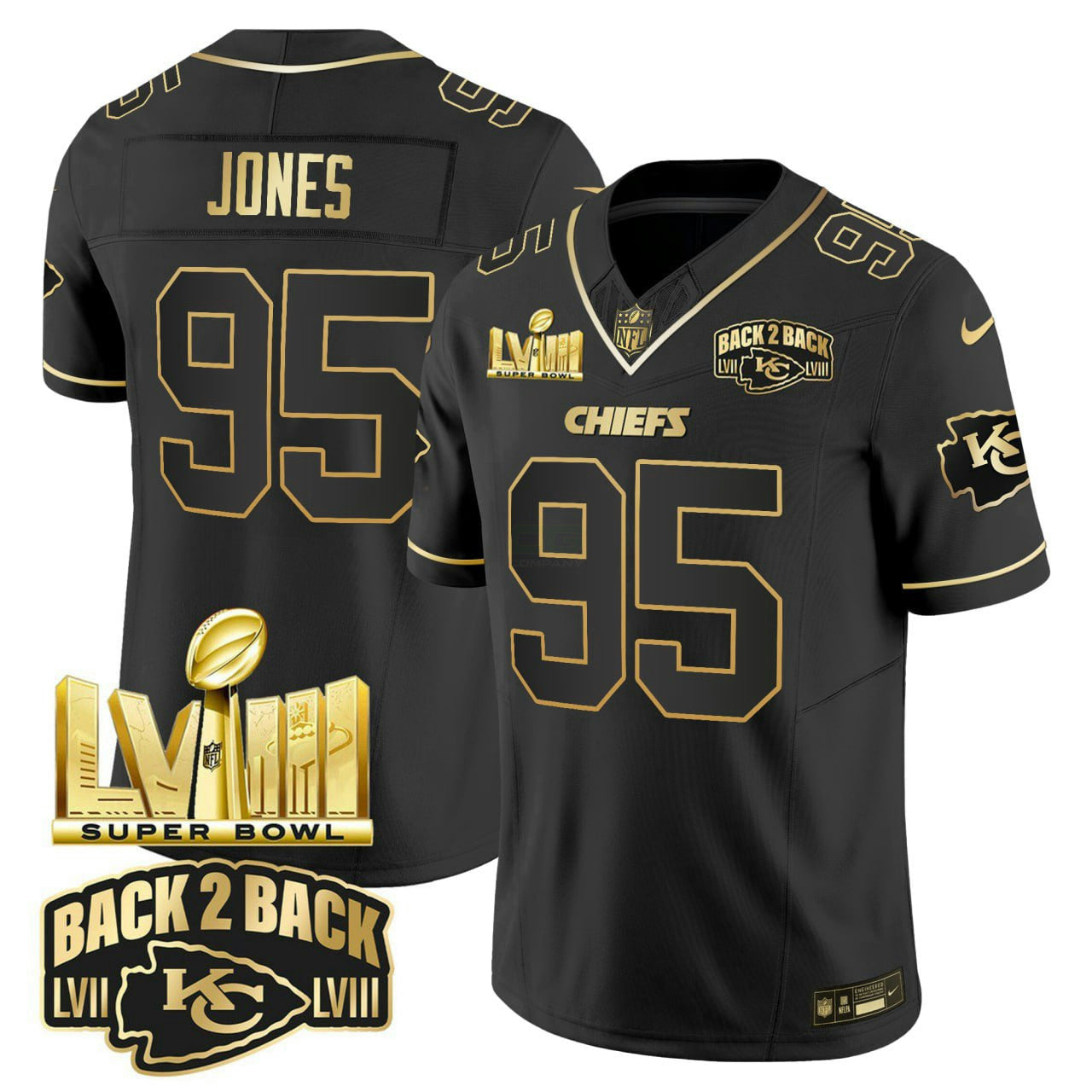 Camisa NFL Chris Jones Super Bowl LVIII & Back 2 Back Gold Patch Preta Dourada Vapor Jersey V2 - Chris Jones