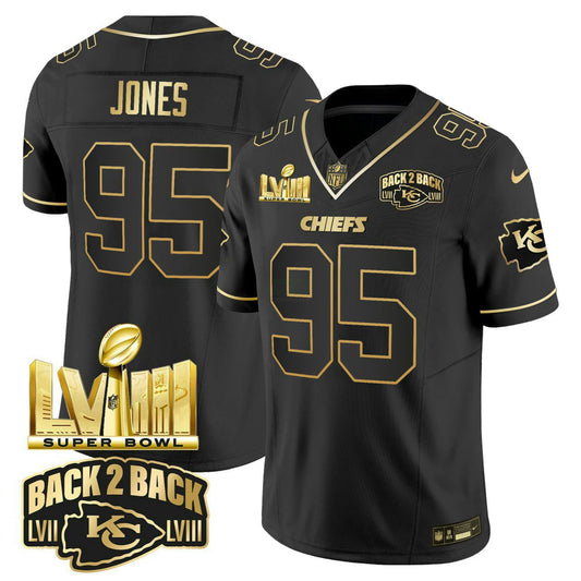 Camisa NFL Chris Jones Super Bowl LVIII & Back 2 Back Gold Patch Preta Dourada Vapor Jersey V2 - Chris Jones