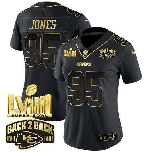 Camisa NFL Chris Jones Super Bowl LVIII & Back 2 Back Gold Patch Preta Dourada Women Style Jersey V2 - Chris Jones