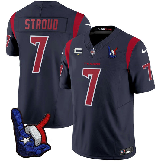 Camisa NFL CJ Stroud Houston Color Rush Hand Sign Throwing Up The H Jersey - Azul Marinho