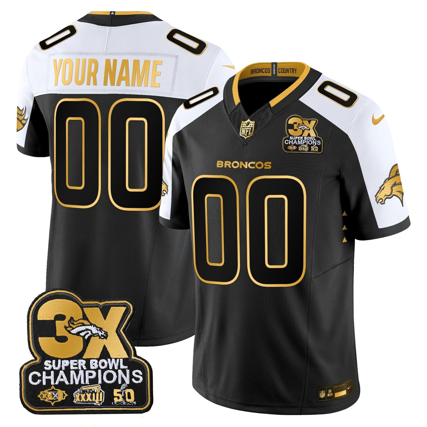 Camisa NFL Denver 3-Time Champions Patch Dourada Vapor Limited Jersey