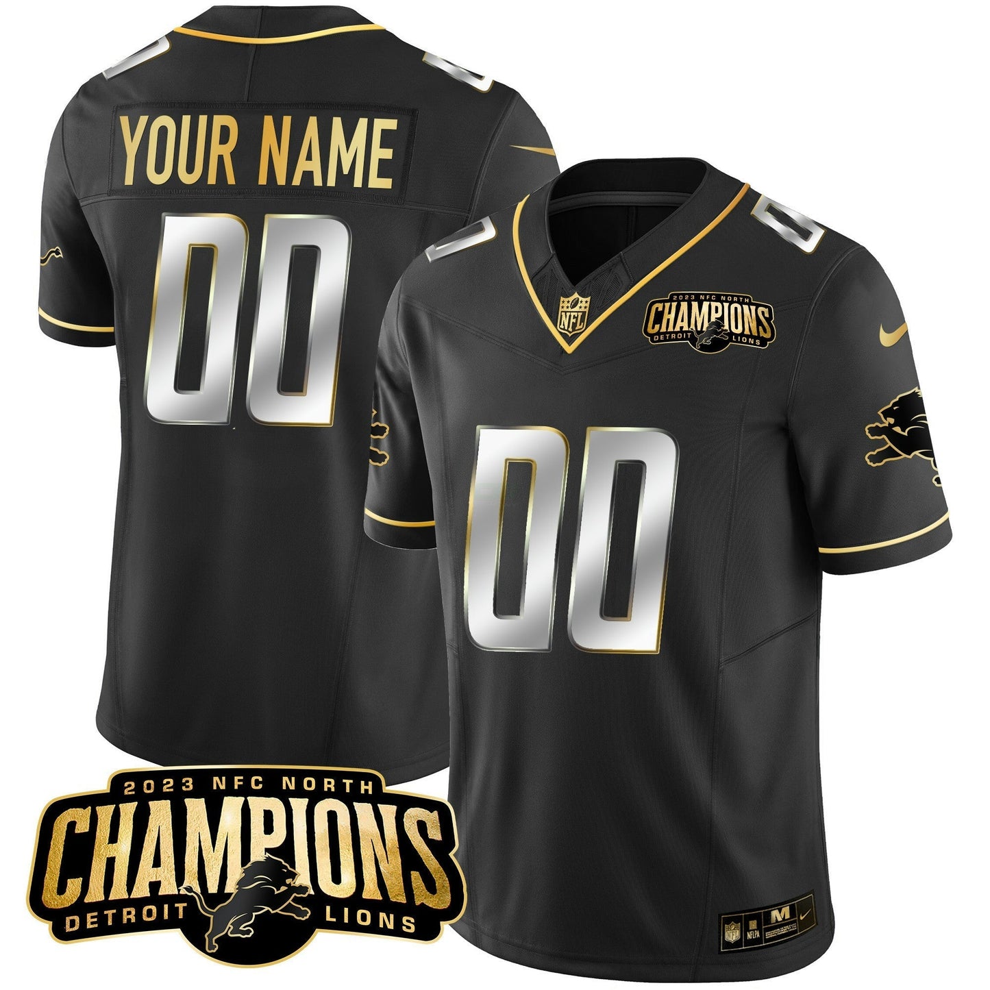 Camisa NFL Detroit 2023 NFC North Champions Patch Dourada Vapor Jersey