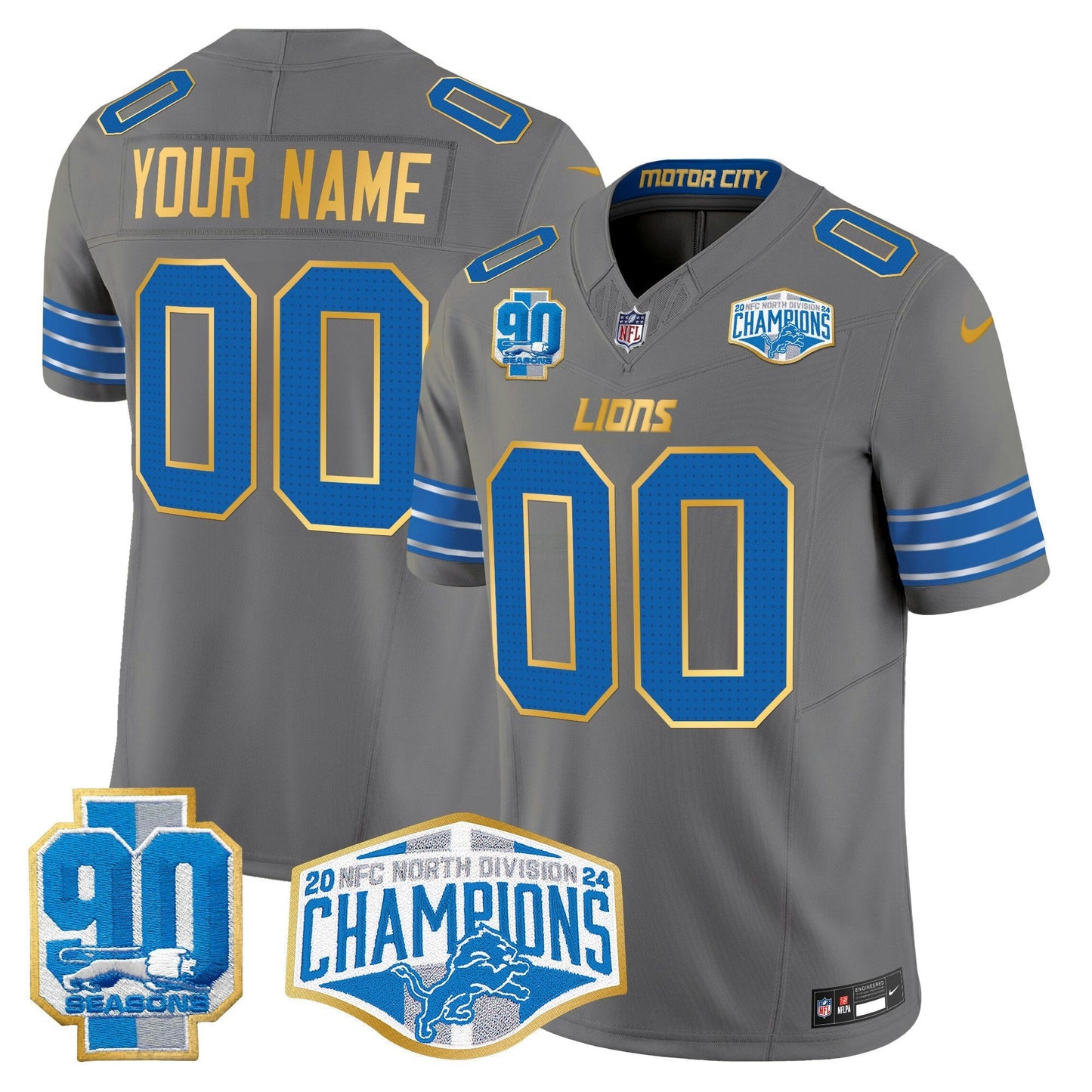 Camisa NFL Detroit 2024 NFC North Division Champions Patch Dourada Trim Vapor Limited Jersey