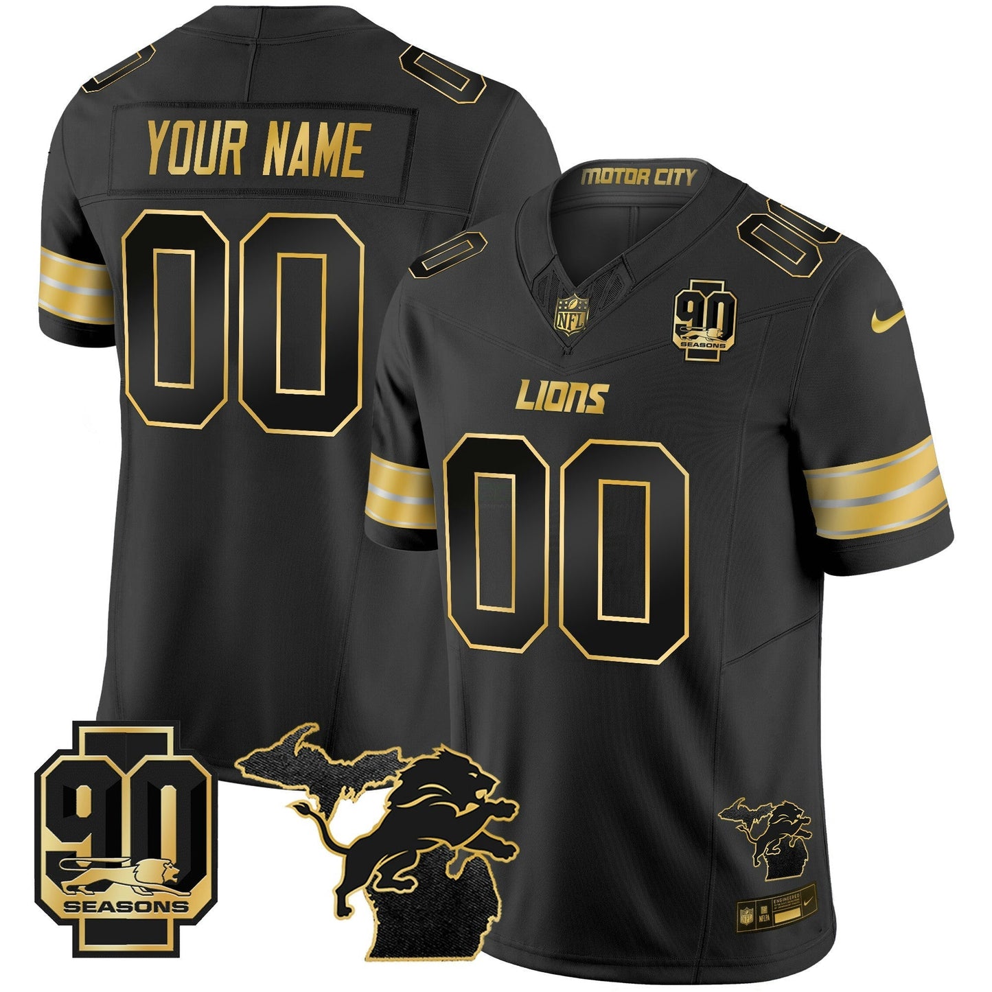 Camisa NFL Detroit 2025 Michigan & 90th Season Patch Dourada Vapor Limited Jersey