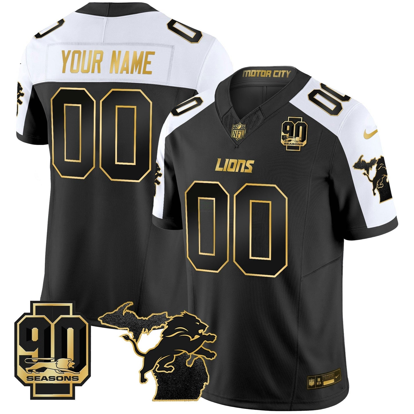 Camisa NFL Detroit 2025 Michigan & 90th Season Patch Dourada Vapor Limited Jersey