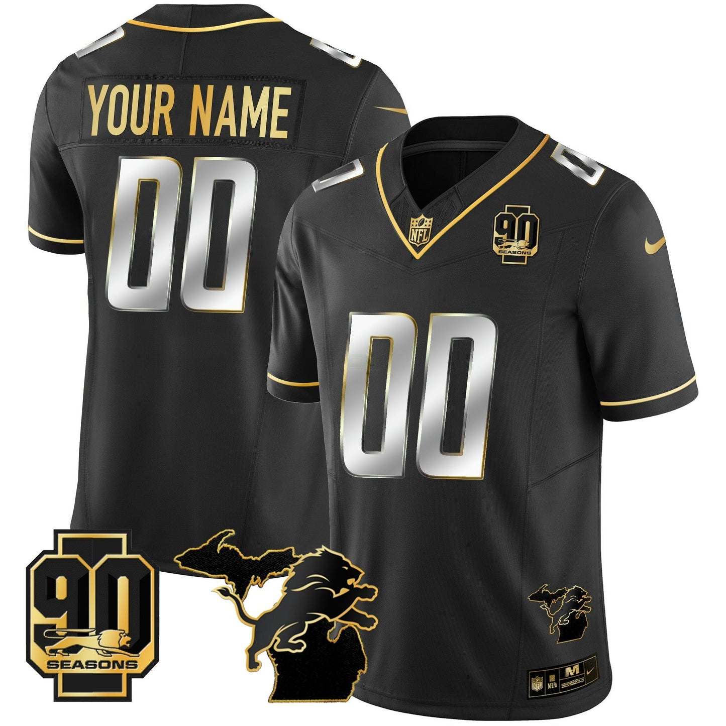 Camisa NFL Detroit 90th Year & Michigan Patch Dourada Vapor Jersey