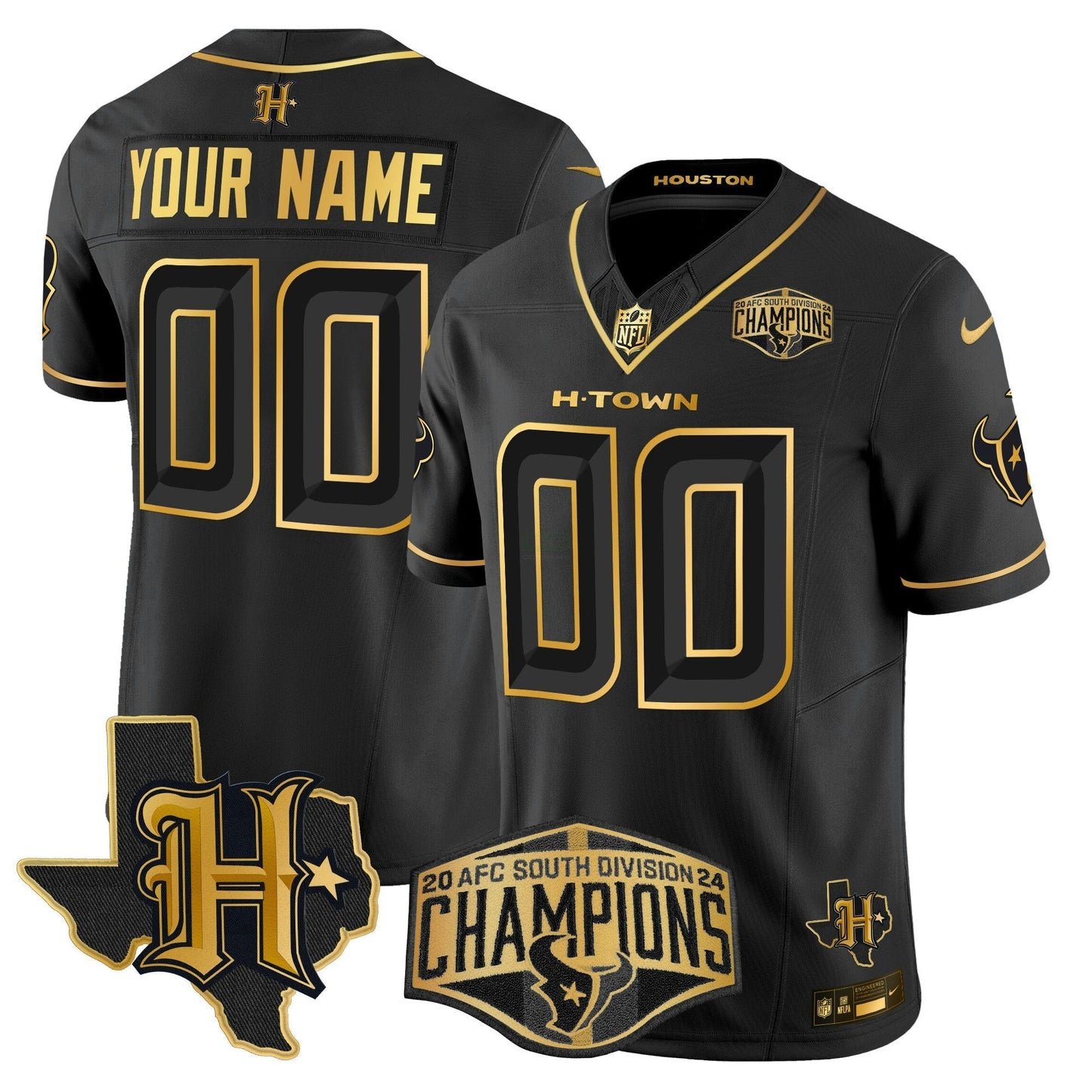 Camisa NFL Houston 2024 AFC South Division Champions Patch Dourada Vapor Limited Jersey