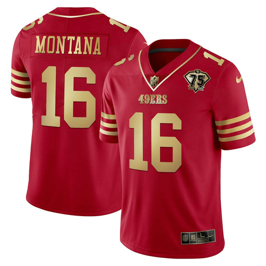 Camisa NFL Joe Montana 75th Anniversary Patch Vermelha Dourada Jersey - Joe Montana