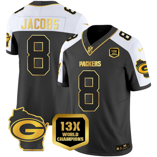 Camisa NFL Josh Jacobs 13 Time World Champions & Home Patch Dourada Vapor Jersey