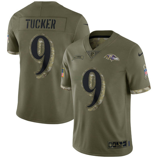 Camisa NFL Justin Tucker Baltimore Olive 2022 Salute To Service Jersey