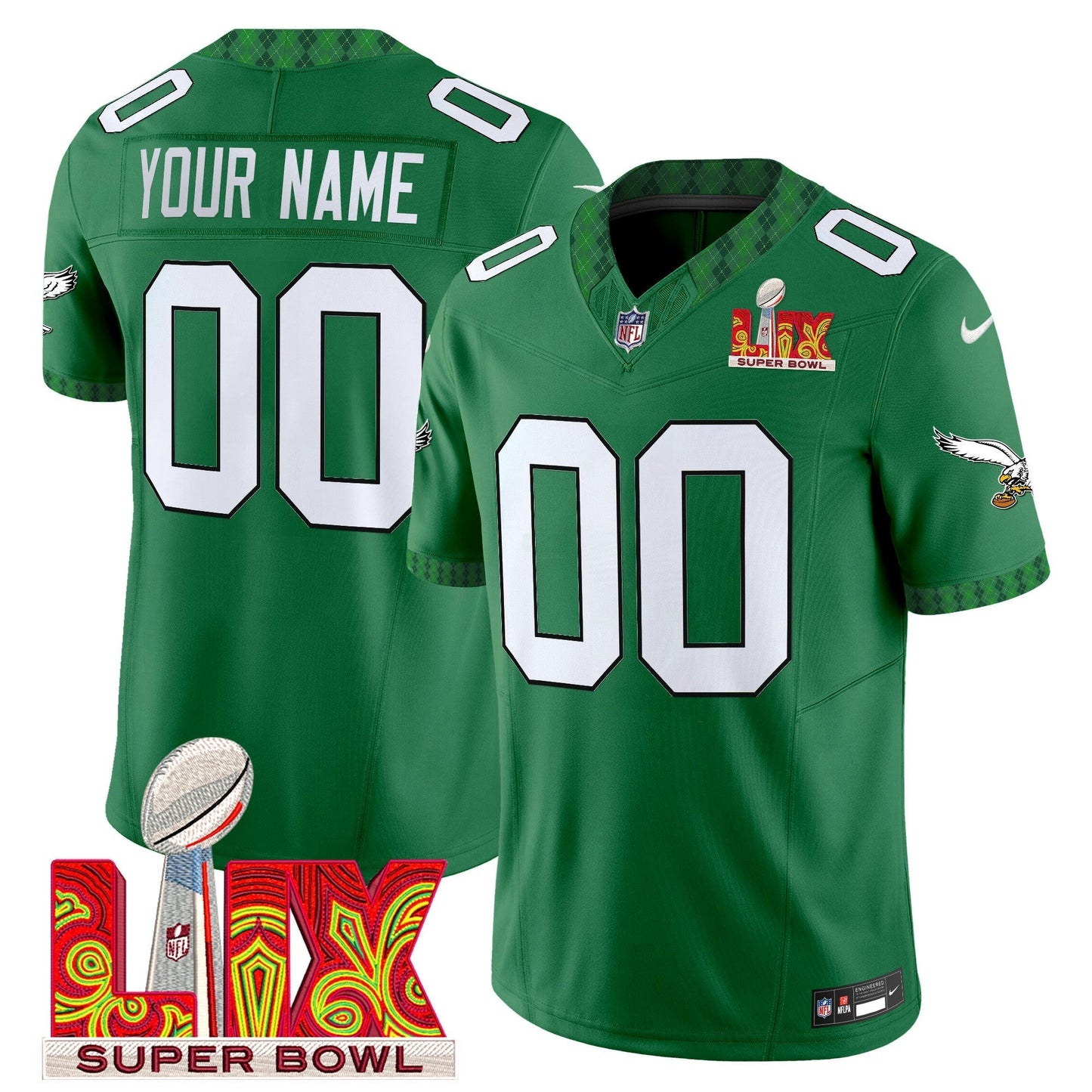 Camisa NFL Kelly Green St. Patrick’s Day Super Bowl LIX Patch Vapor Limited Jersey