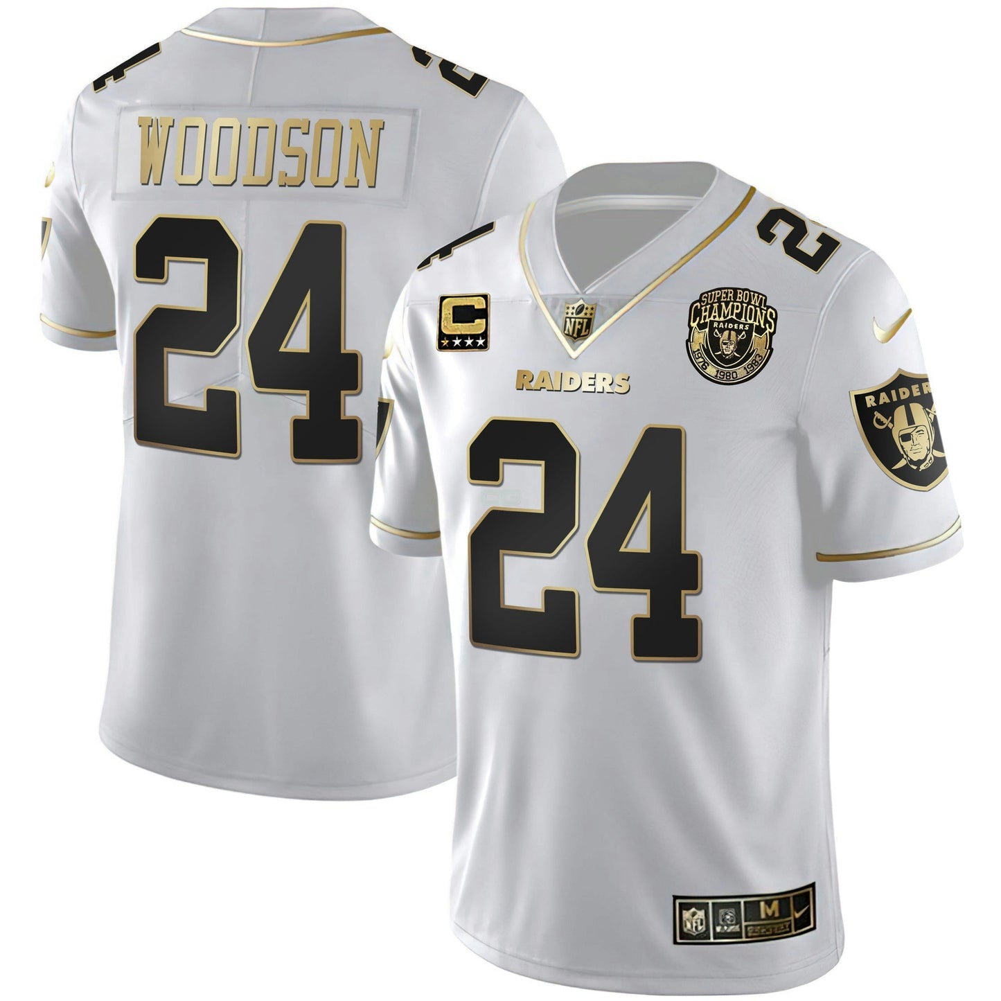 Camisa NFL Men’s 1976 – 1980 – 1983 Super Bowl Champions Patch Branca Dourada and Preta Dourada