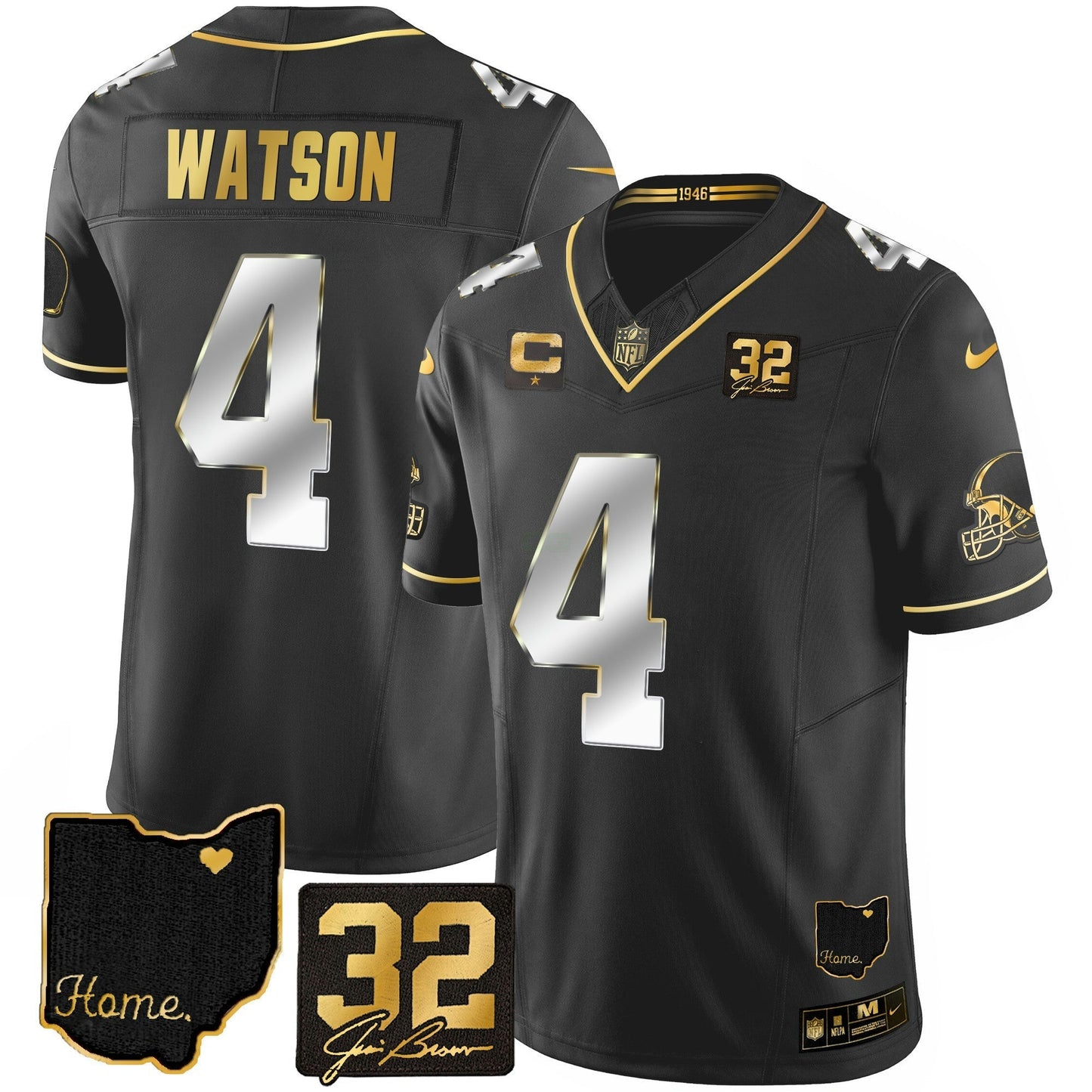 Camisa NFL Men’s #32 Jim Brown Memorial & Home Patch Dourada Jersey