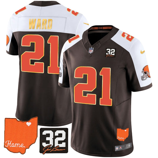 Camisa NFL Men’s #32 Jim Brown Memorial & Home Patch Dourada Trim Jersey