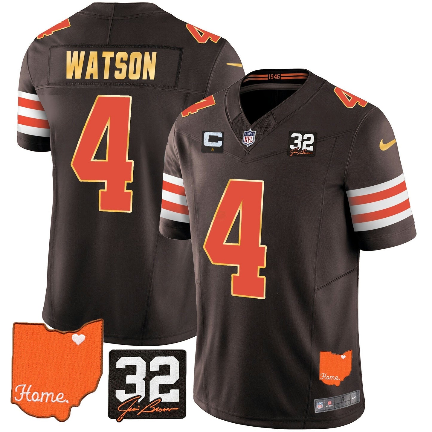 Camisa NFL Men’s #32 Jim Brown Memorial & Home Patch Dourada Trim Jersey