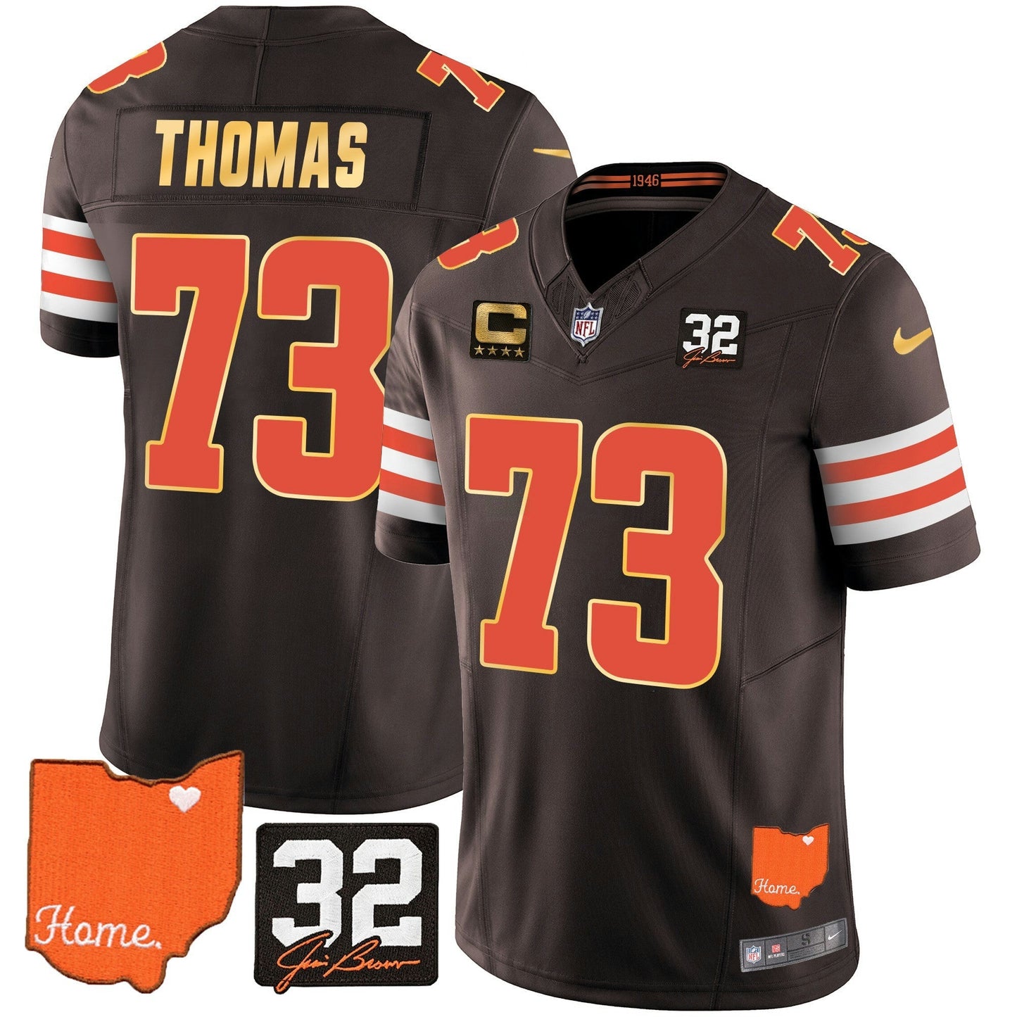 Camisa NFL Men’s #32 Jim Brown Memorial & Home Patch Dourada Trim Jersey