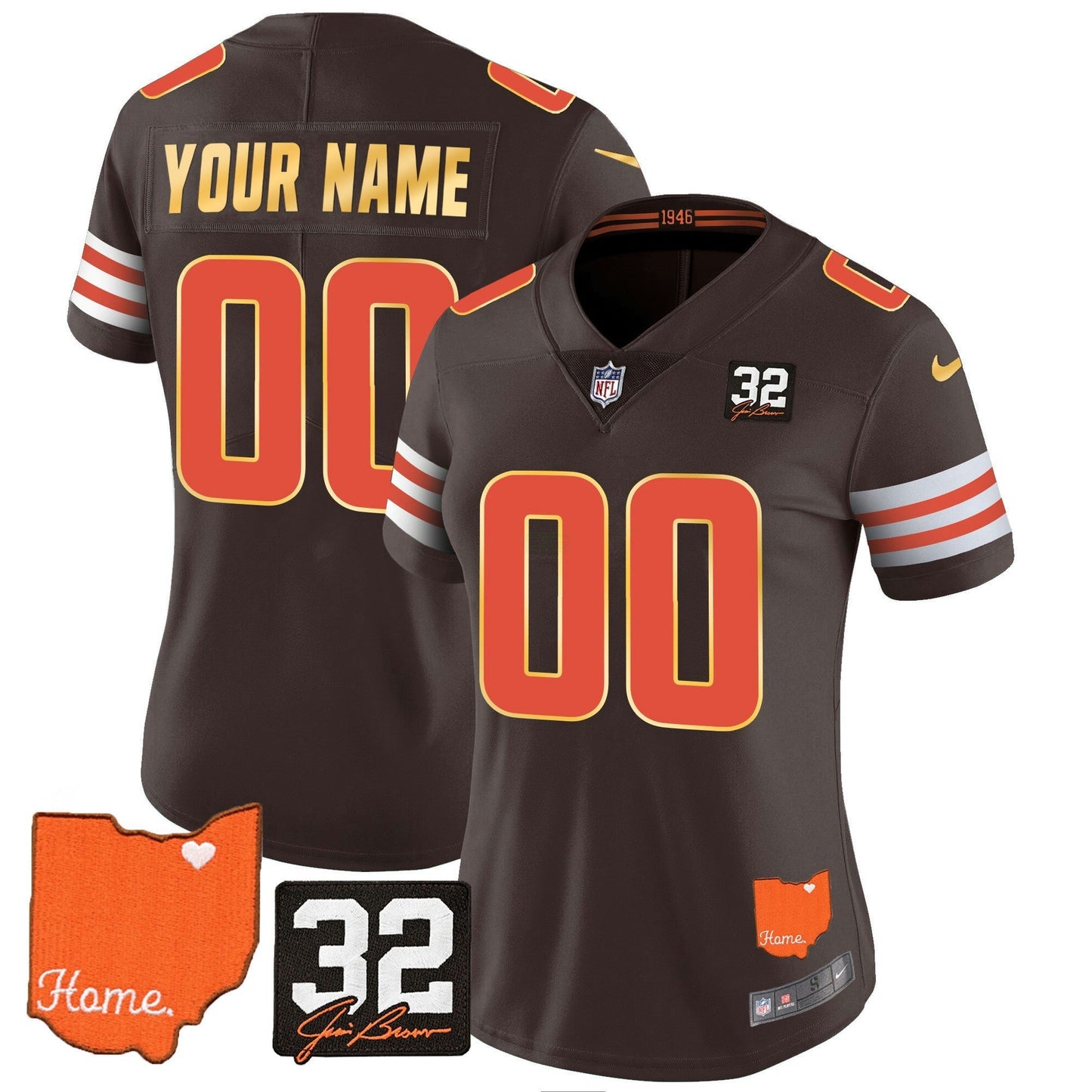 Camisa NFL Men’s #32 Jim Brown Memorial & Home Patch Dourada Trim Jersey - Personalizada