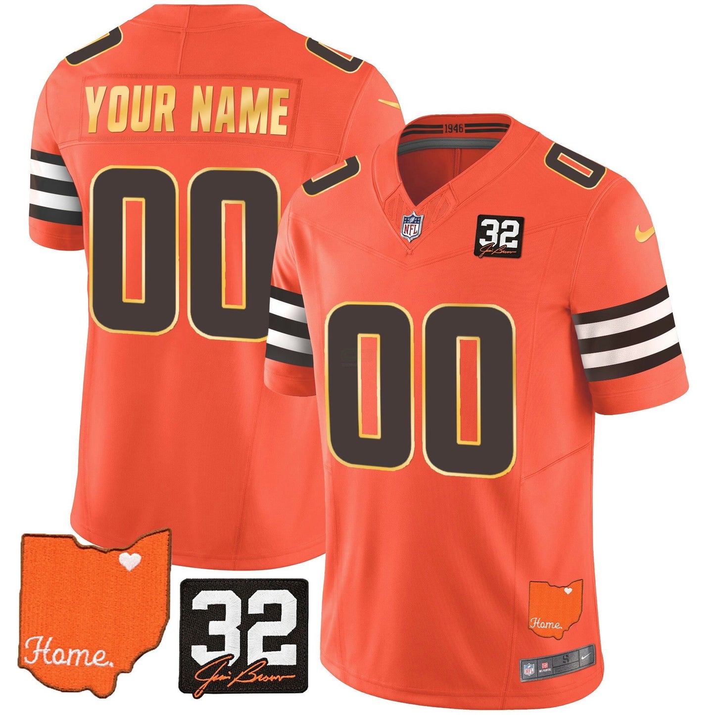 Camisa NFL Men’s #32 Jim Brown Memorial & Home Patch Dourada Trim Jersey - Personalizada