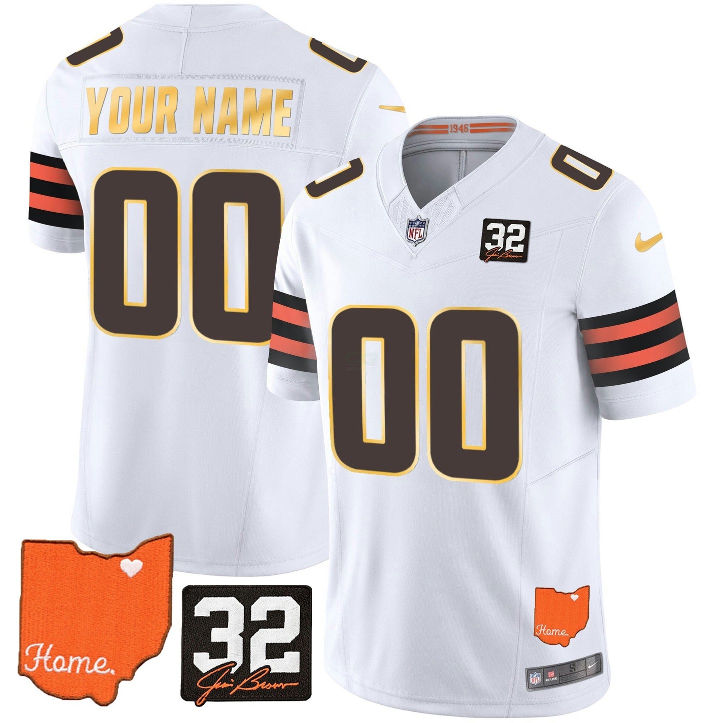 Camisa NFL Men’s #32 Jim Brown Memorial & Home Patch Dourada Trim Jersey - Personalizada