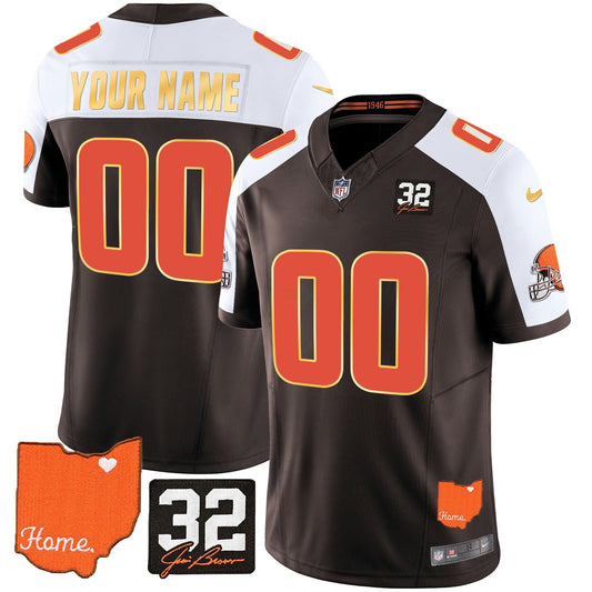 Camisa NFL Men’s #32 Jim Brown Memorial & Home Patch Dourada Trim Jersey - Personalizada