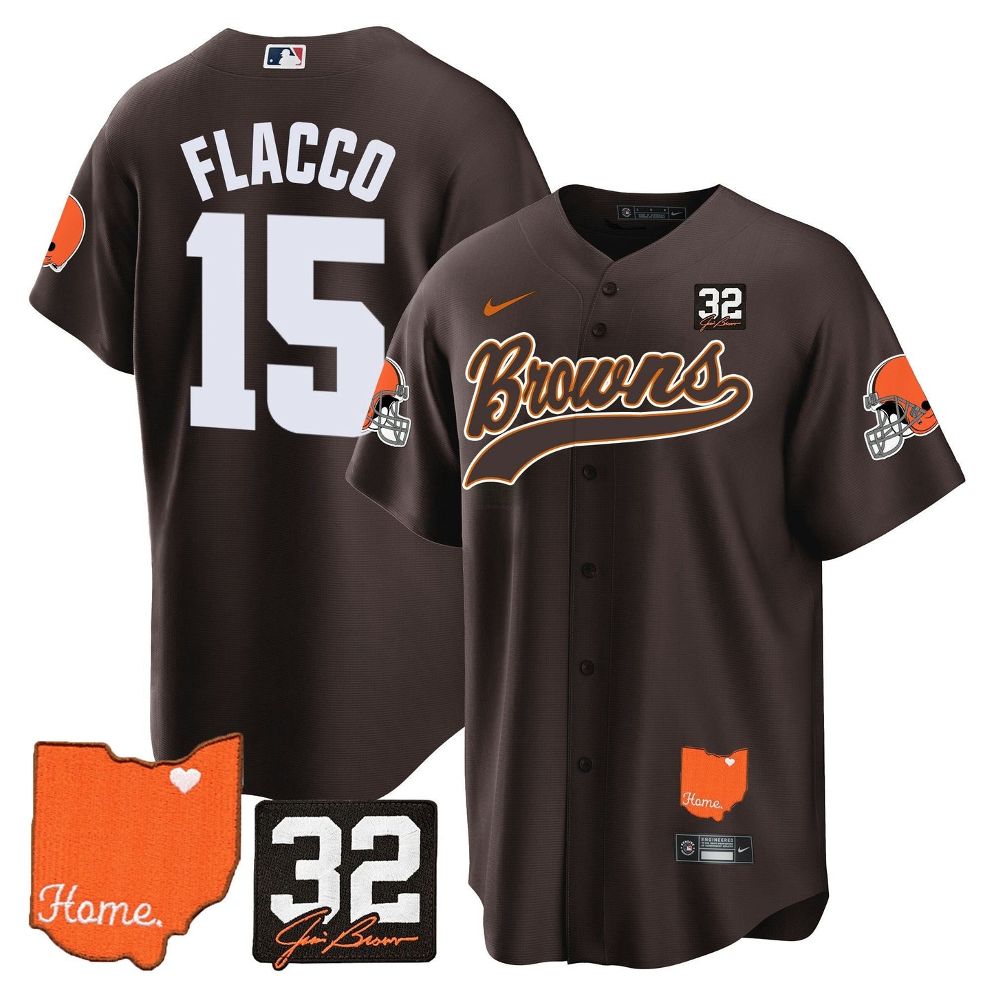Camisa NFL Men’s #32 Jim Brown Memorial & Home Patch Jersey