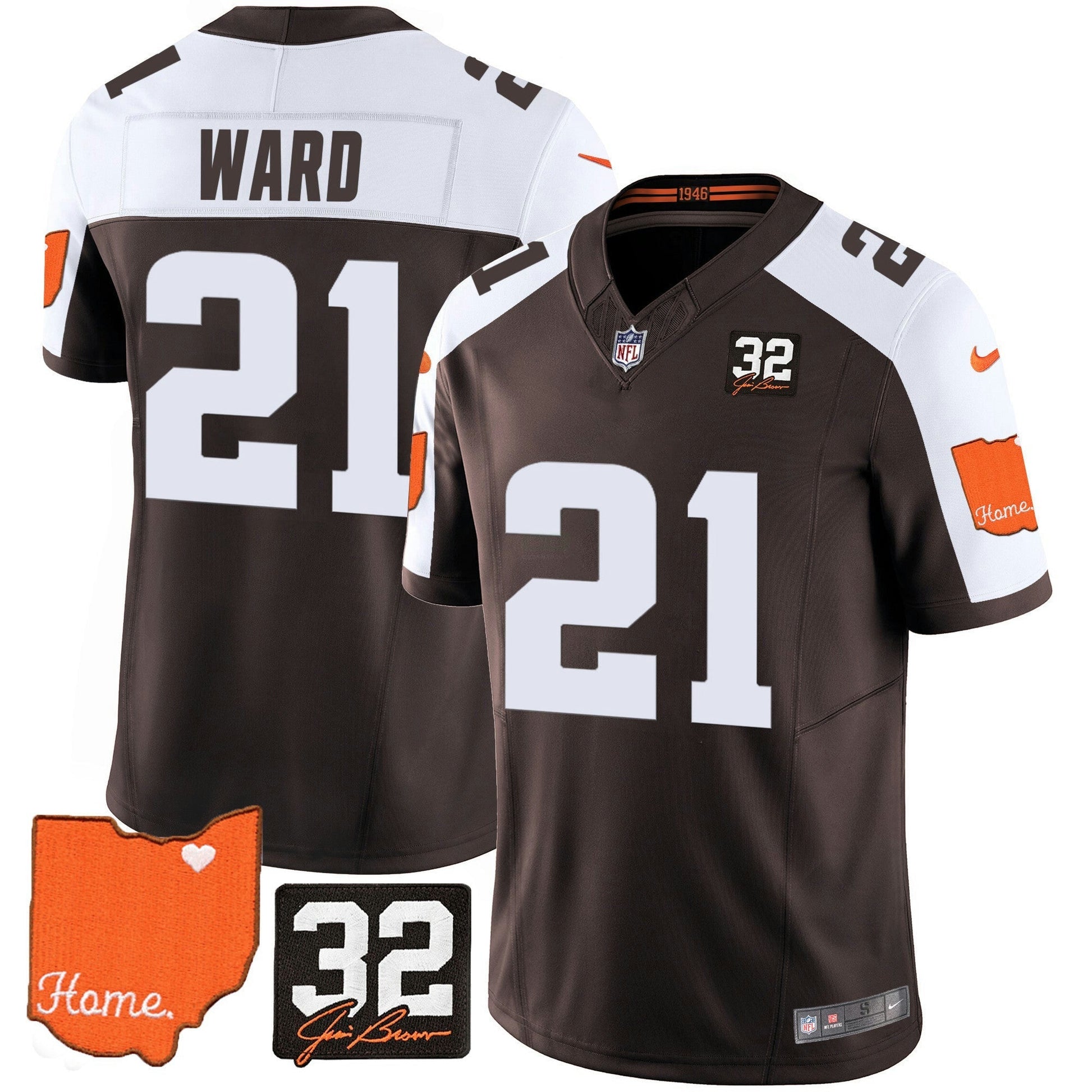 Camisa NFL Cleveland Browns Men’s #32 Jim Brown Memorial & Home Patch Jersey V2 - Alternativa