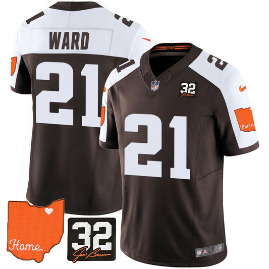 Camisa NFL Cleveland Browns Men’s #32 Jim Brown Memorial & Home Patch Jersey V2 - Alternativa