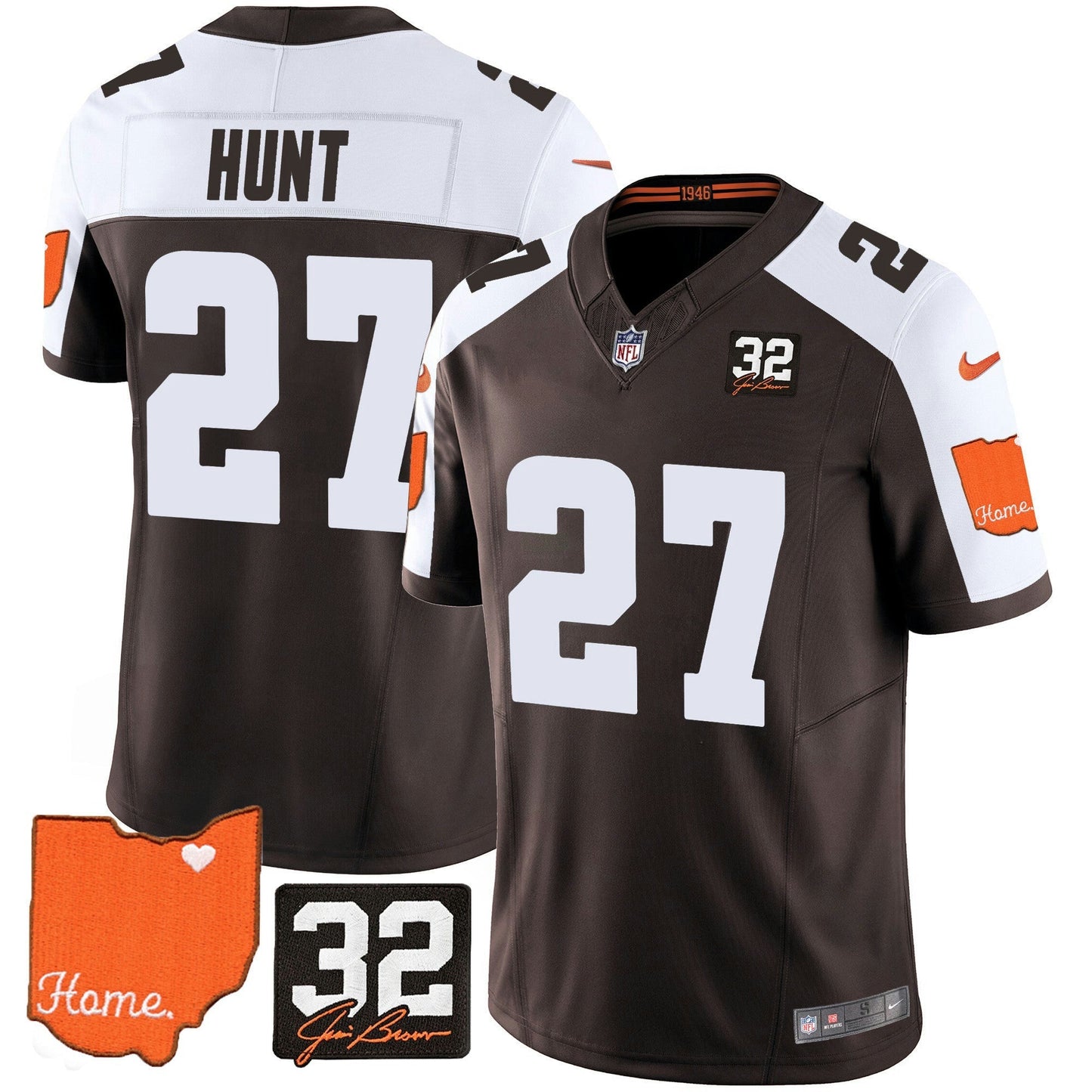 Camisa NFL Cleveland Browns Men’s #32 Jim Brown Memorial & Home Patch Jersey V2 - Alternativa
