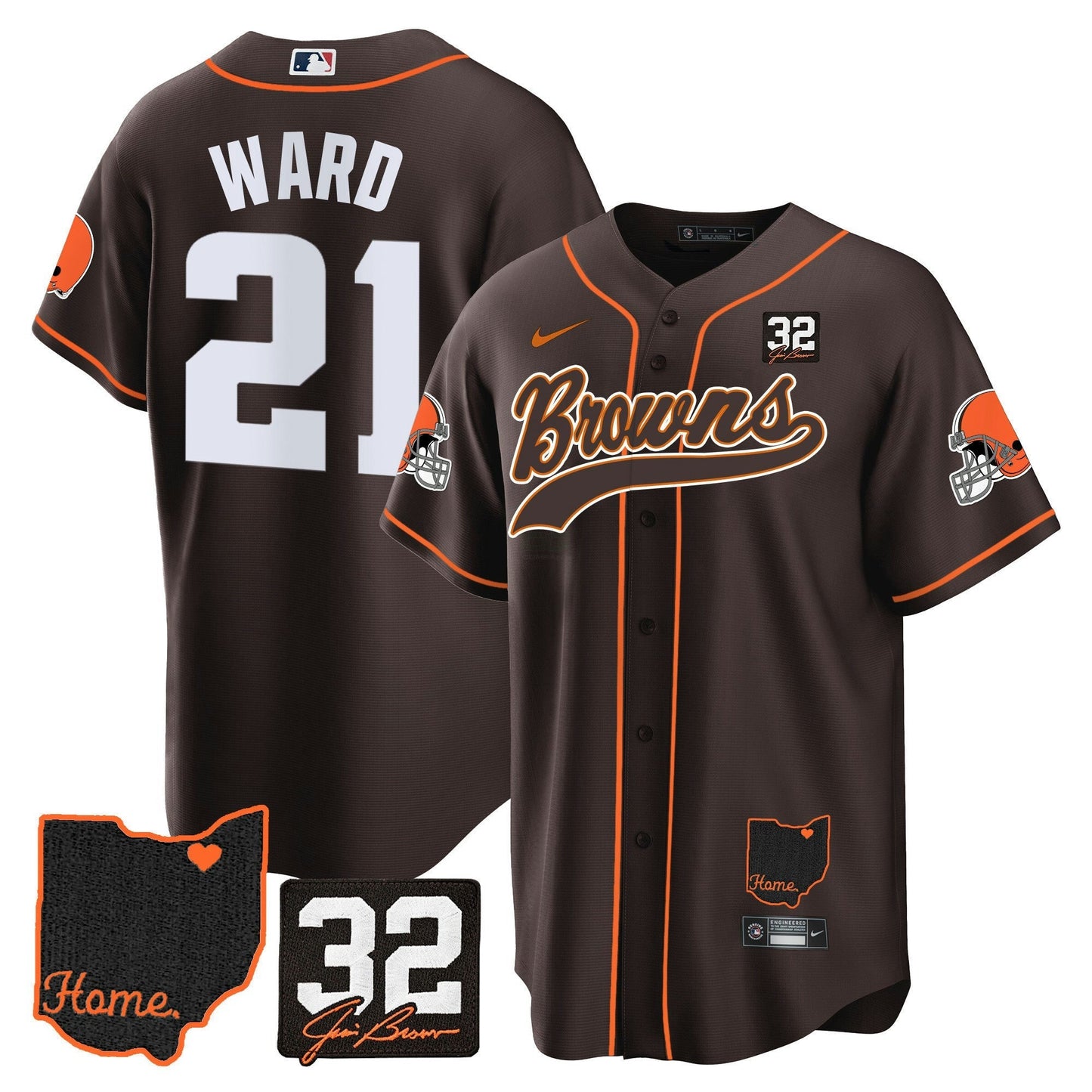 Camisa NFL Cleveland Browns Men’s #32 Jim Brown Memorial & Home Patch Jersey V2 - Baseball
