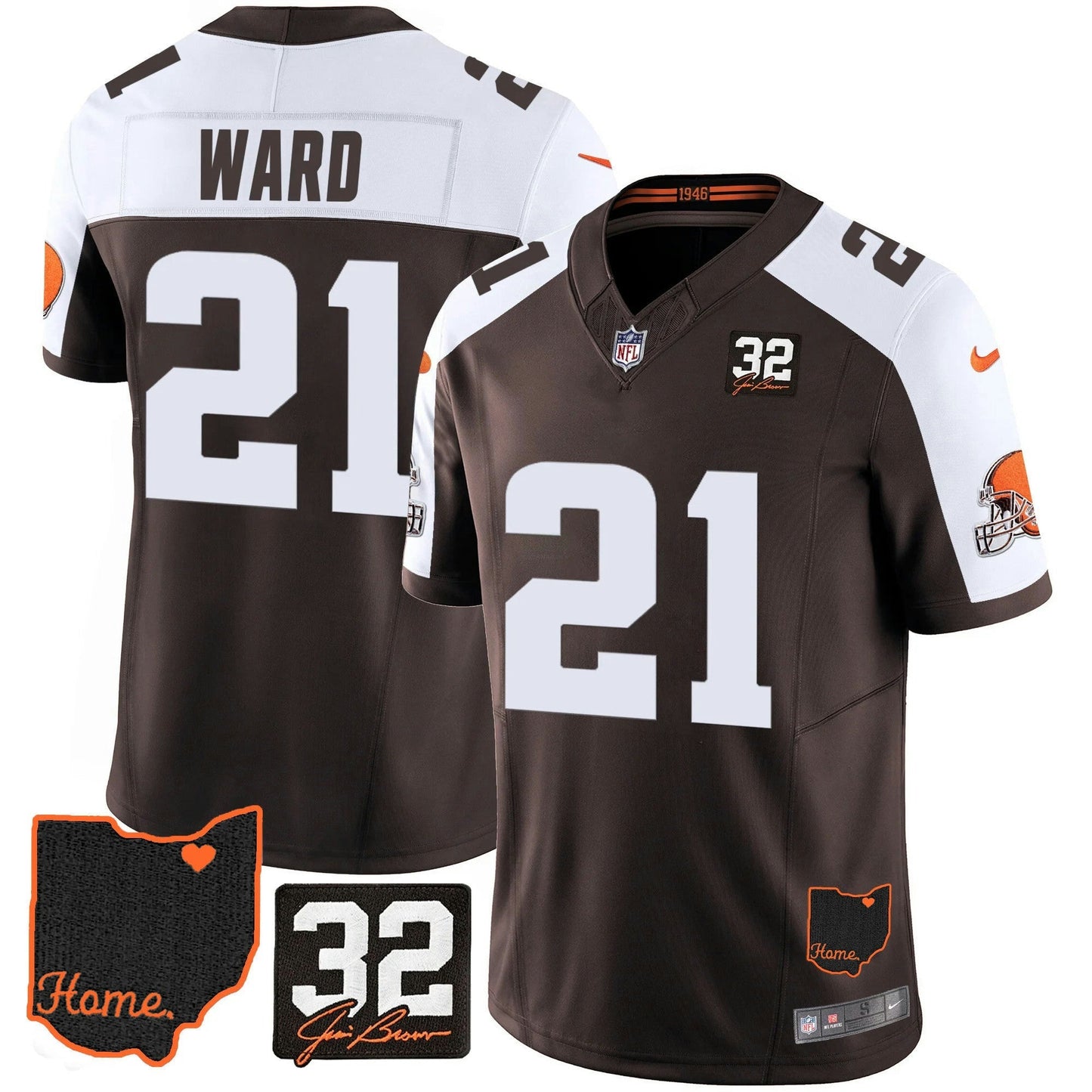 Camisa NFL Men’s #32 Jim Brown Memorial & Home Patch Jersey V3