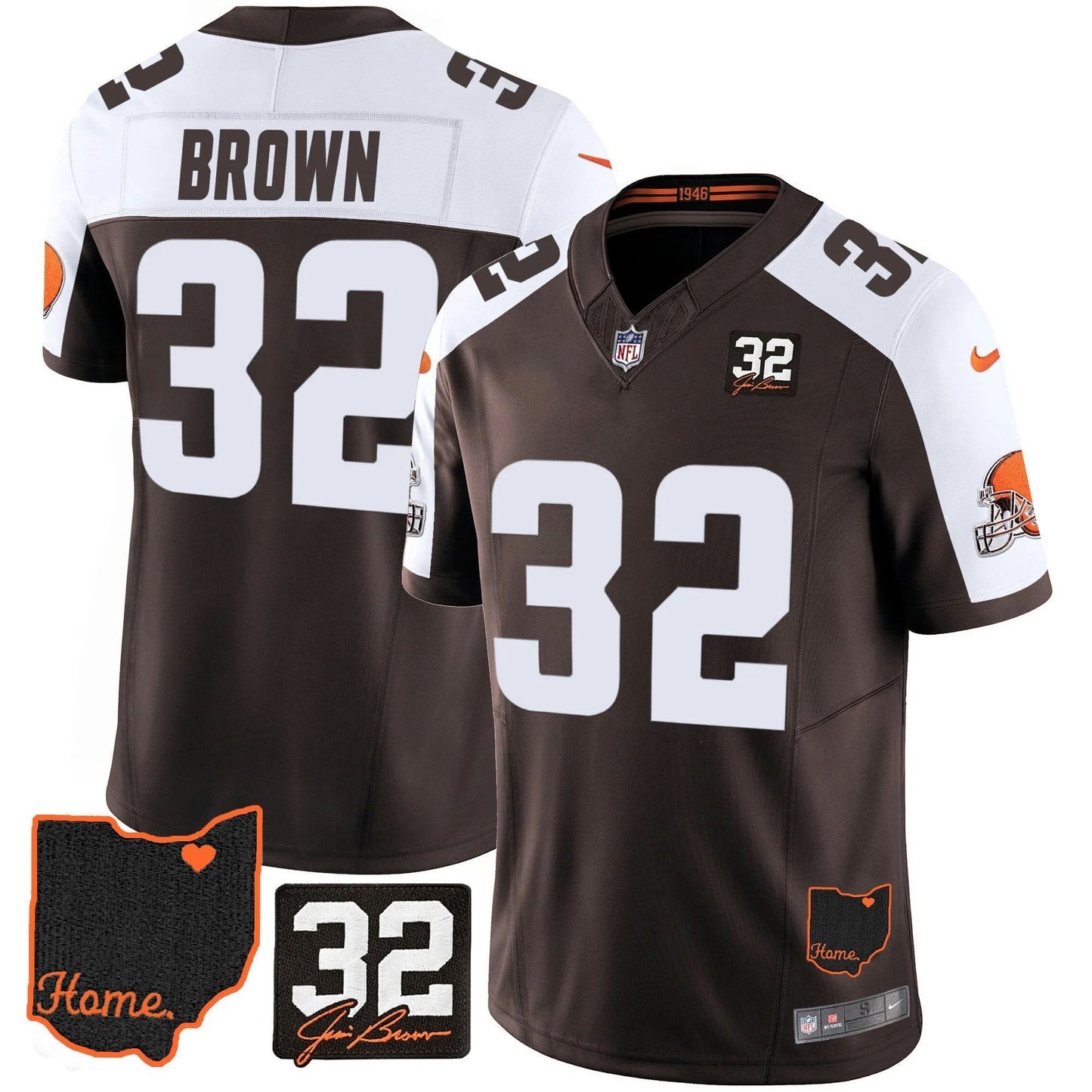 Camisa NFL Men’s #32 Jim Brown Memorial & Home Patch Jersey V3